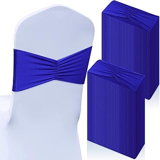 Moukeren 50 Pcs Spandex Chair Sashes Bows Stretch Chair Bands Slider Sashes Elastic Ties Ribbon Covers for Wedding Party Events Ceremony Birthday Banquet Decorations(Royal Blue)