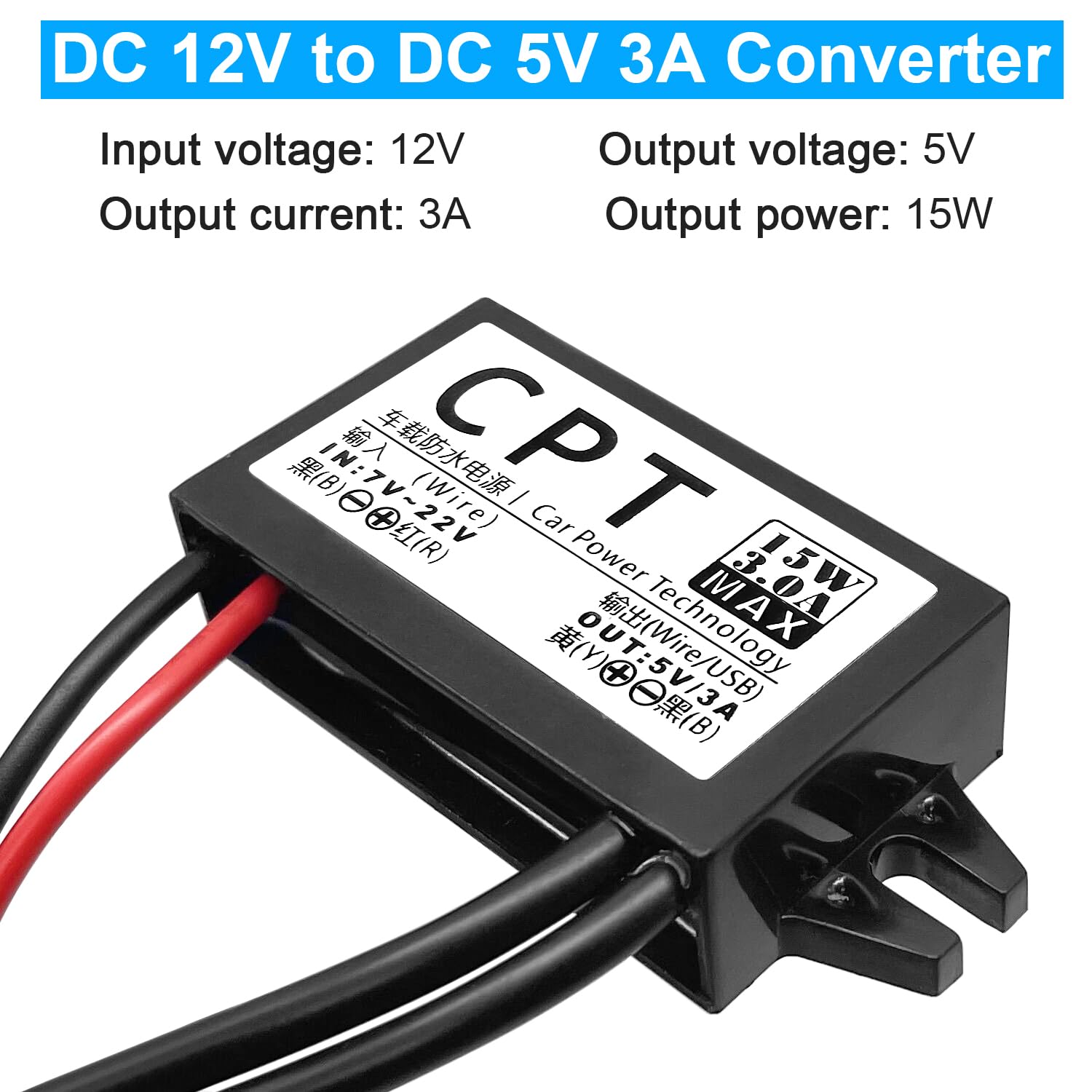 Produktbild von 12V-zu-5V Abwärtswandler Mit USB-Buchse – 3A 15W Wasserdichtes Buck-Modul Für Auto & LED