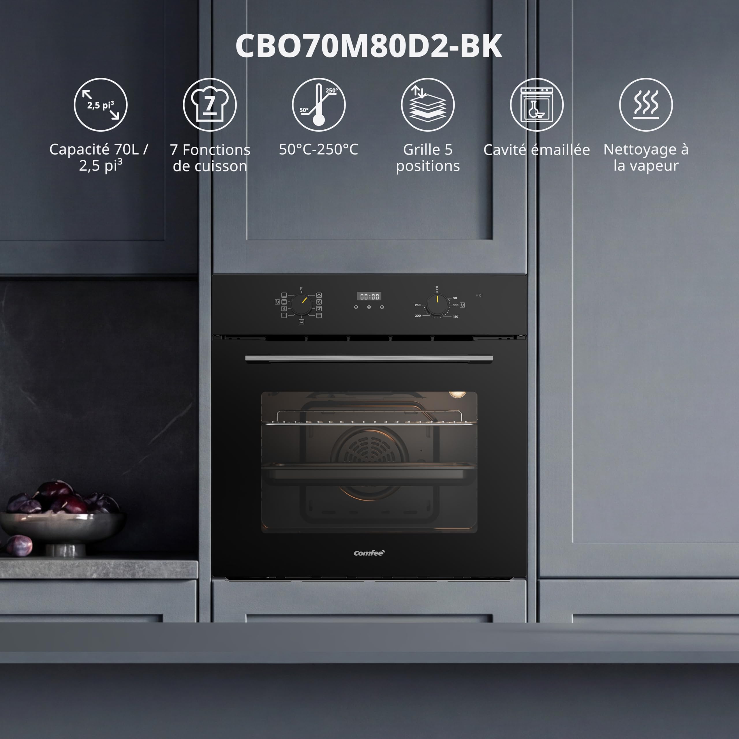 Comfee Electric Built-in Oven, 60 cm, 70 L, 3 kW, Rotating Heat, Grill, Pizza Function, AquaClean Steam Cleaning, LED Display with Timer, ECO Mode, Black [Energy Class A]