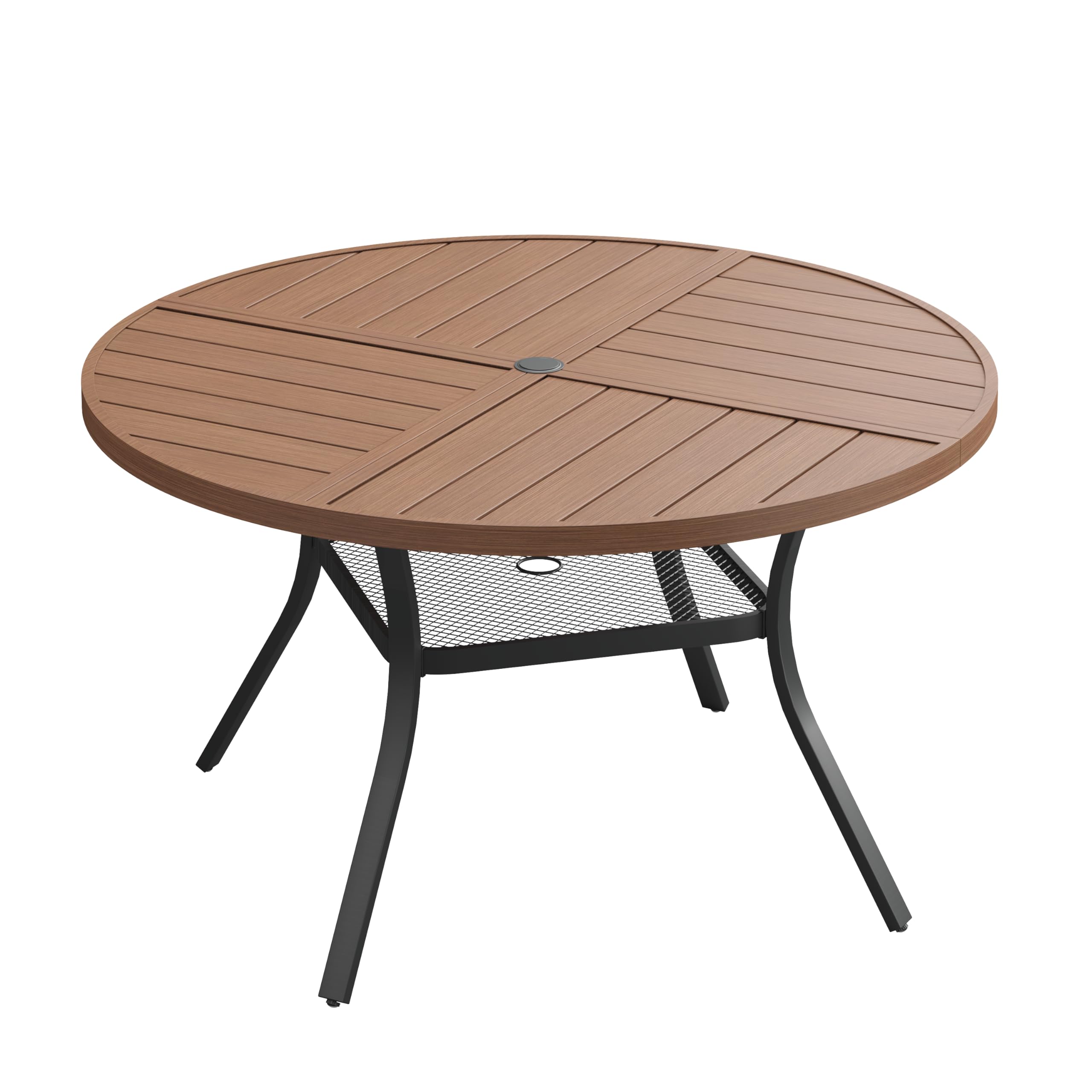 VICLLAX 47.2" Round Patio Dining Table for 4-6, All Weather Metal Outdoor Table with 1.57" Umbrella Hole and Storage Shelf for Garden Lawn Deck, Walnut