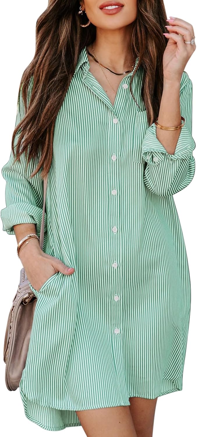 Womens Button Down Shirt Dresses with Pockets Striped Cotton Shirts Collared Long Sleeve High Low Blouse Tops