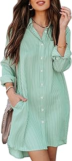 Womens Button Down Shirt Dresses with Pockets Cotton Striped Shirts Collared Tunics Long Sleeve High Low Blouse Tops - Buy now