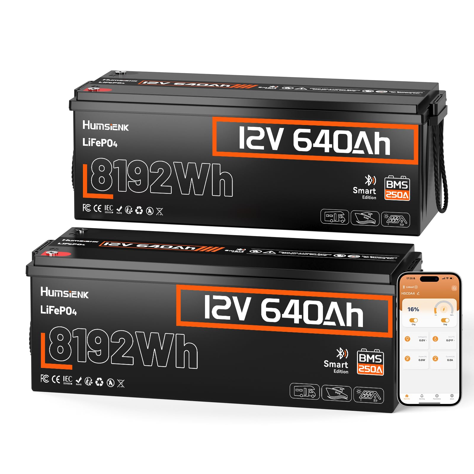 HumsiENK 12V 640Ah LiFePO4 Battery 2 Pack with Bluetooth (24V 640Ah / 12V 1280Ah System), 16.38kWh Massive Off-Grid Solar Power Bank, Batch-Matched, 250A BMS, Low-Temp Cut-Off for RV, Cabin, Marine