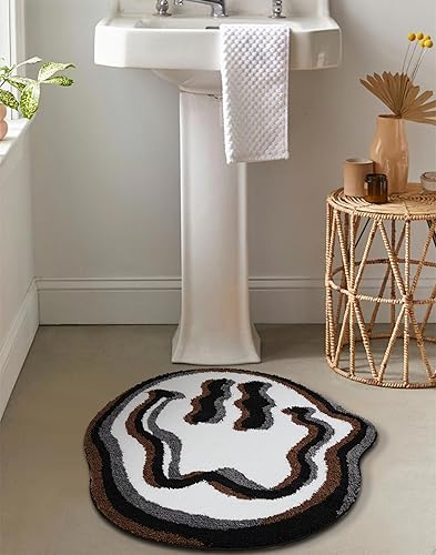 Miniatura 14 de Estmy Linda alfombra redonda hippie Funky de 3 pies para baño, dormitorio, cocina, antideslizante, lavable, cara feliz, blanco, negro, marrón