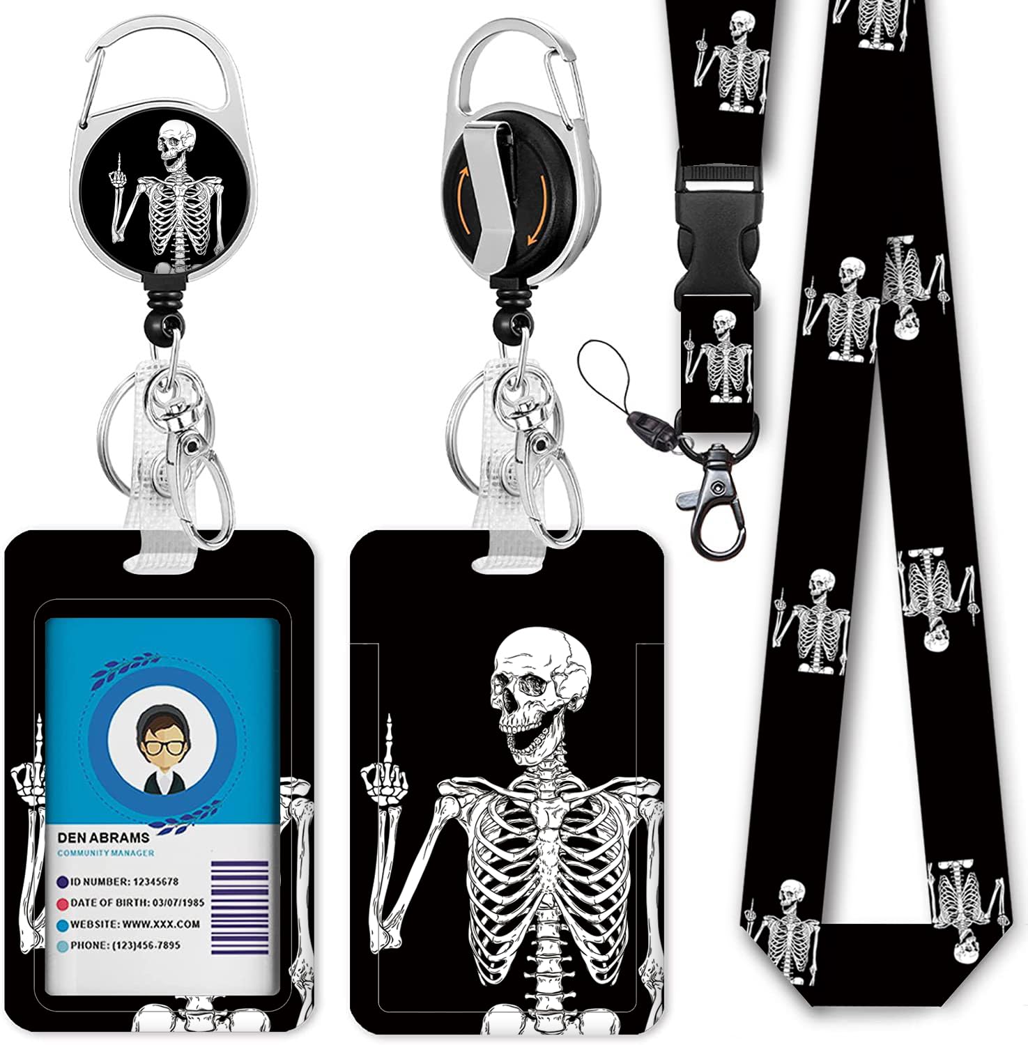Skull Skeleton Lanyards for ID Badges, Badge Reel Retractable Badge Holder with Lanyard for Teacher, Women, Kids