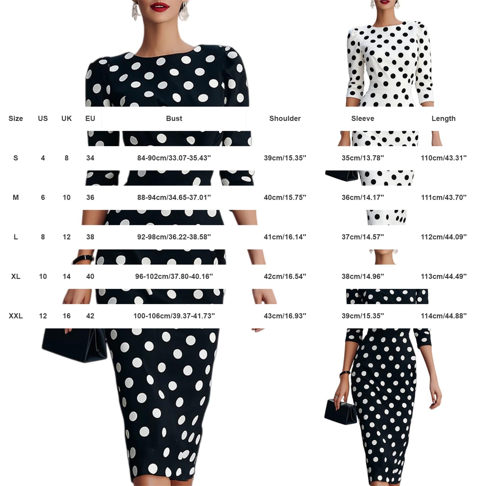 Abito estivo da donna, lunghezza al ginocchio, elegante, linea ad A, a pois, con maniche a 3/4, stile urbano, classico, slim fit, scollo rotondo, abbigliamento da lavoro per anziani
