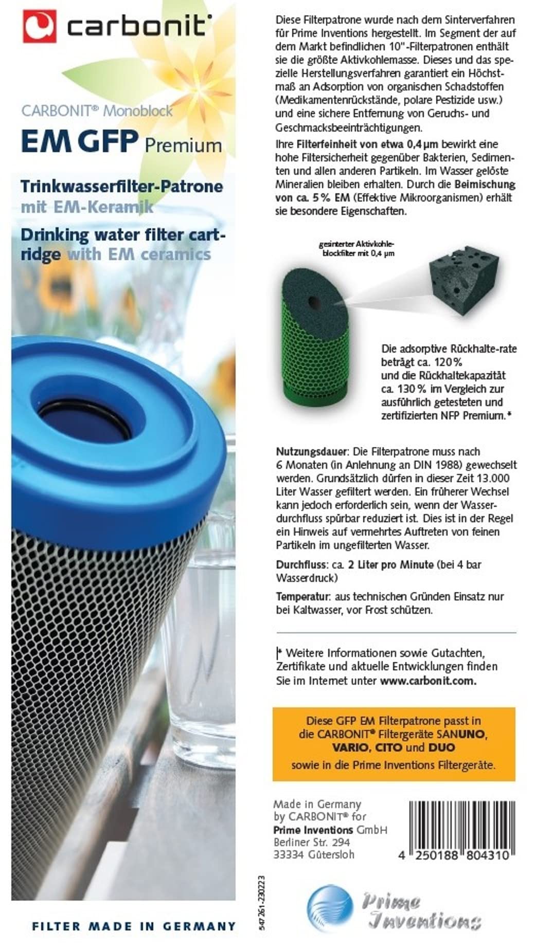 Prime Inventions - Filtro dell'acqua GFP Premium EM cartuccia filtrante 0,4 µ con più carbone attivo e ceramica EM