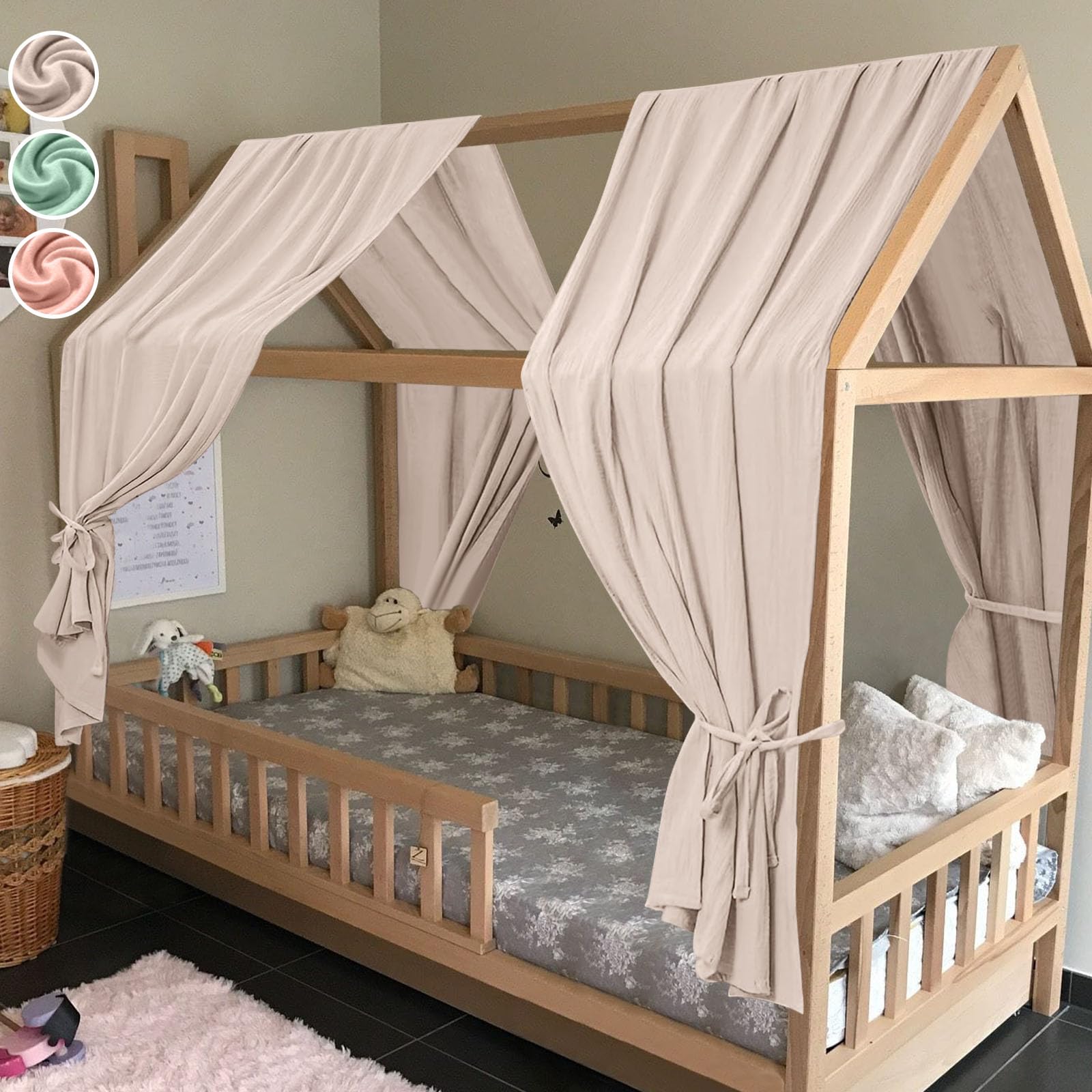 HOTUT 130 * 320cm Ensemble de Décoration de Lit 2 Pièces avec 2 Ciels de Lit,100% Mousseline de Coton Biologique Adapté Aux Chambres de Garçons et de Filles-Gris