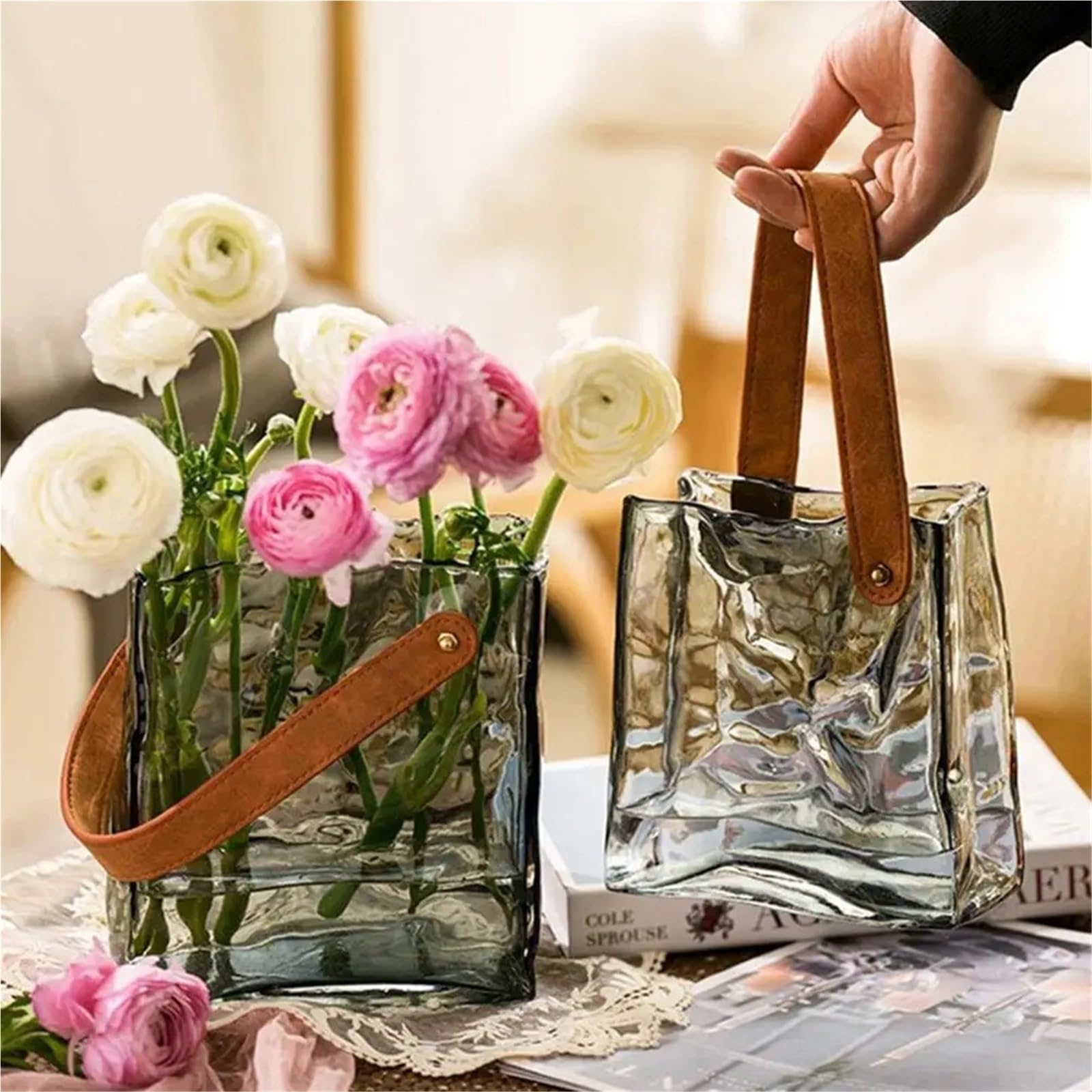 Vase Hydroponique Verre Vase en Verre Forme de Sac à Main, Terrarium, Pot Fleur hydroponique Transparent, Accessoires décoration for la Maison(Amber M)