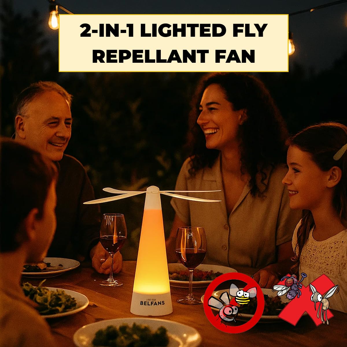 Belfans FlyRepell- Ventilador para mesas, alimentado por USB/recargable, matamoscas sin sonido con cuchillas holográficas, ventilador portátil para abejas, avispas y uso al aire libre
