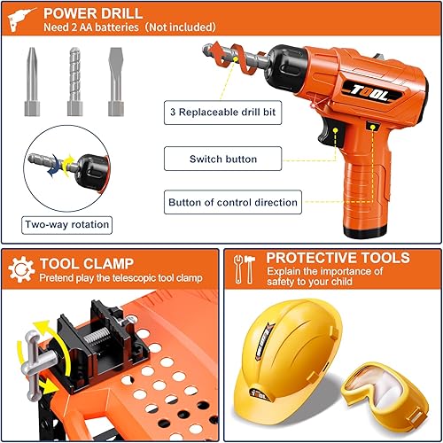 Miniatura 3 de Banco de herramientas para niños, banco de trabajo de juguete con taladro eléctrico, accesorios de herramientas de juguete y chaleco de
