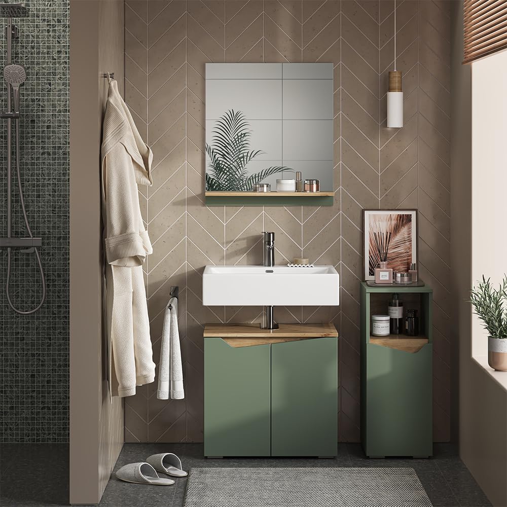 Vicco Mueble Midi Marelle, Verde/Artesano, 30 x 74.5 cm | con puerta y compartimento abierto, para guardar artículos de baño y toallas