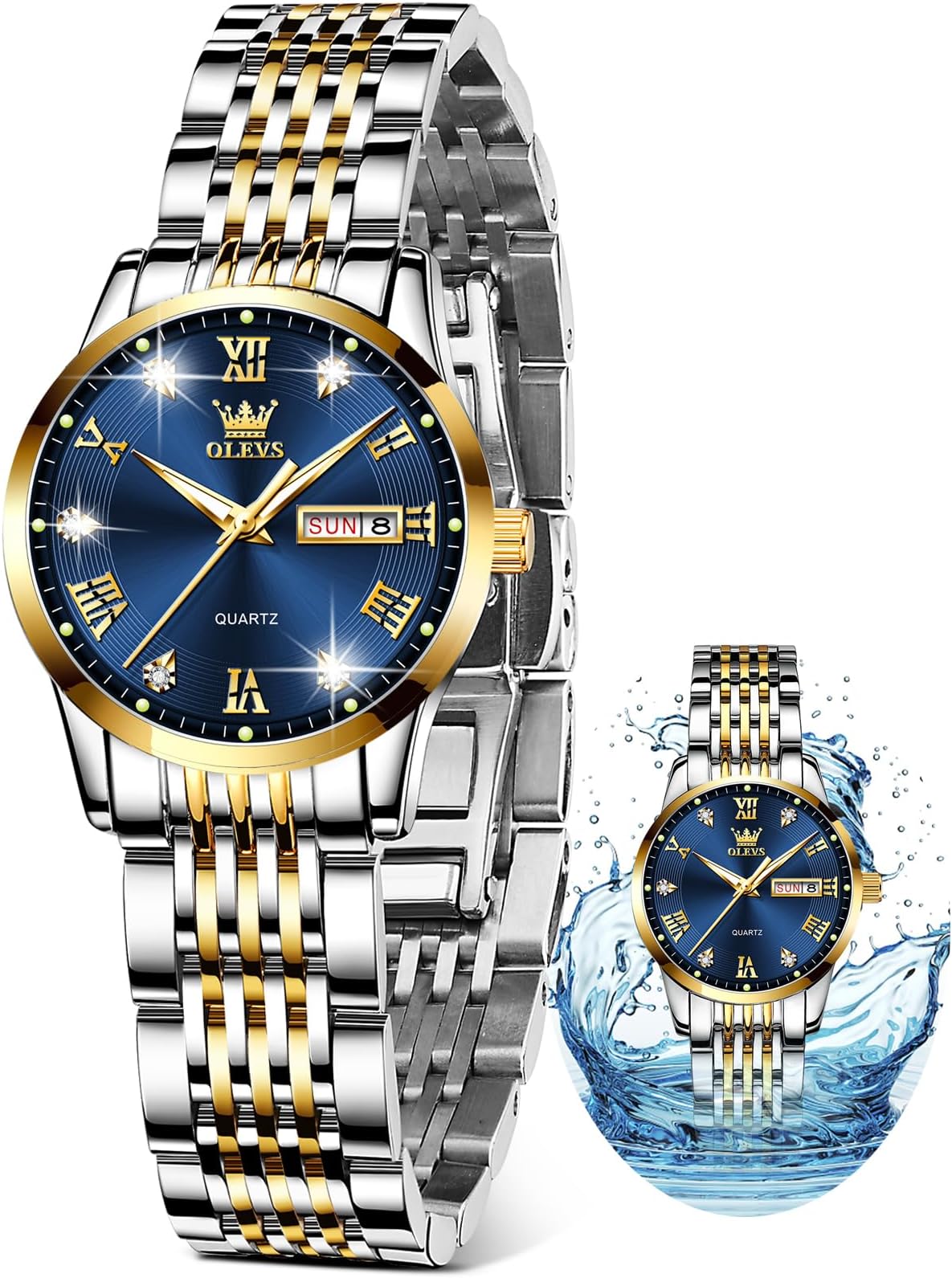 Luxury Ladies Watches,Women's Watch with Day and Date,Female Watch for Small Wrist,Gold Stainless Steel Watches for Women,Easy Read Ladies Wrist Watches Waterproof（Adjustable Strap