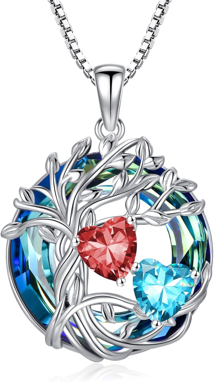 Mothers Day Gifts for Women 925 Sterling Silver Family Tree of Life Pendant Necklaces with 2 Heart Birthstone with Blue Round Austrian Crystal Jewelry Birthday Anniversary Christmas Gifts for Her Wife Girlfriend Mom (18K Real White Gold Filled)