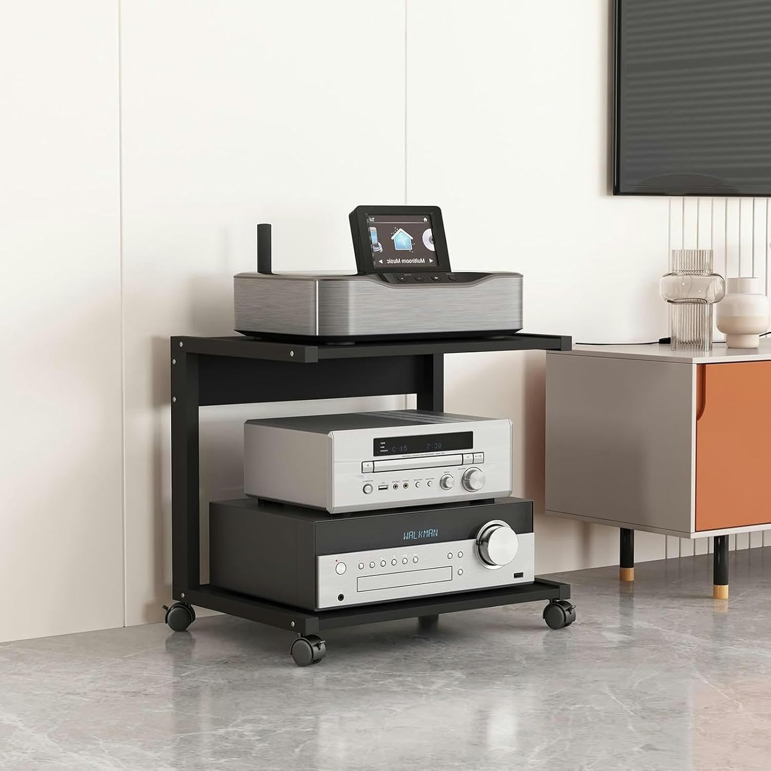 2-Tier Media Cabinet CD Player Stand Stereo Audio Rack Gaming TV Stand Floor-Standing Movable Storage Wooden Shelf with Wheels for Home/Office/Theater, Black