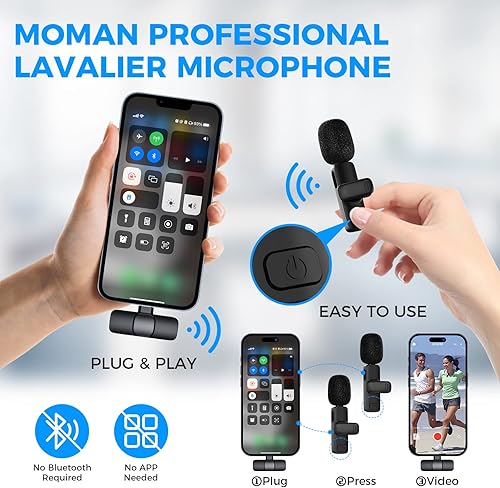 Miniatura 7 de Moman Micrófono Lavalier inalámbrico para iPhone, micrófono con clip para grabación de video, entrevista, podcast, vlog, YouTube, micrófono de
