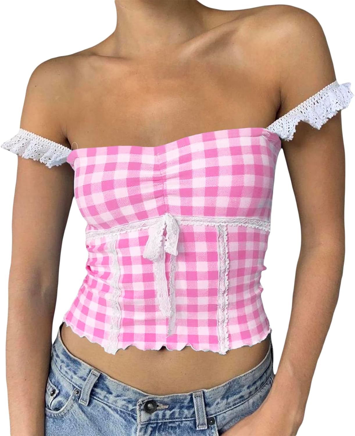 Women's Gingham Top Y2K Lace Cami Crop Top Sleeveless Square Neck Plaid Tank Top Sexy Going Out Shirt