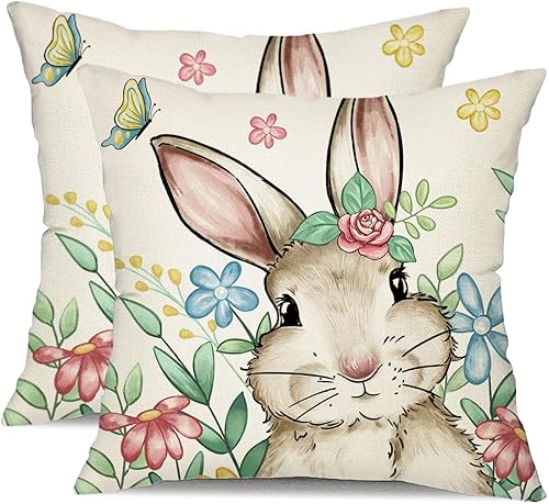 DFXSZ Juego de 2 fundas de almohada de Pascua de 18 x 18 pulgadas, decoración de flores de conejo de Pascua para cojines, fundas de almohada de