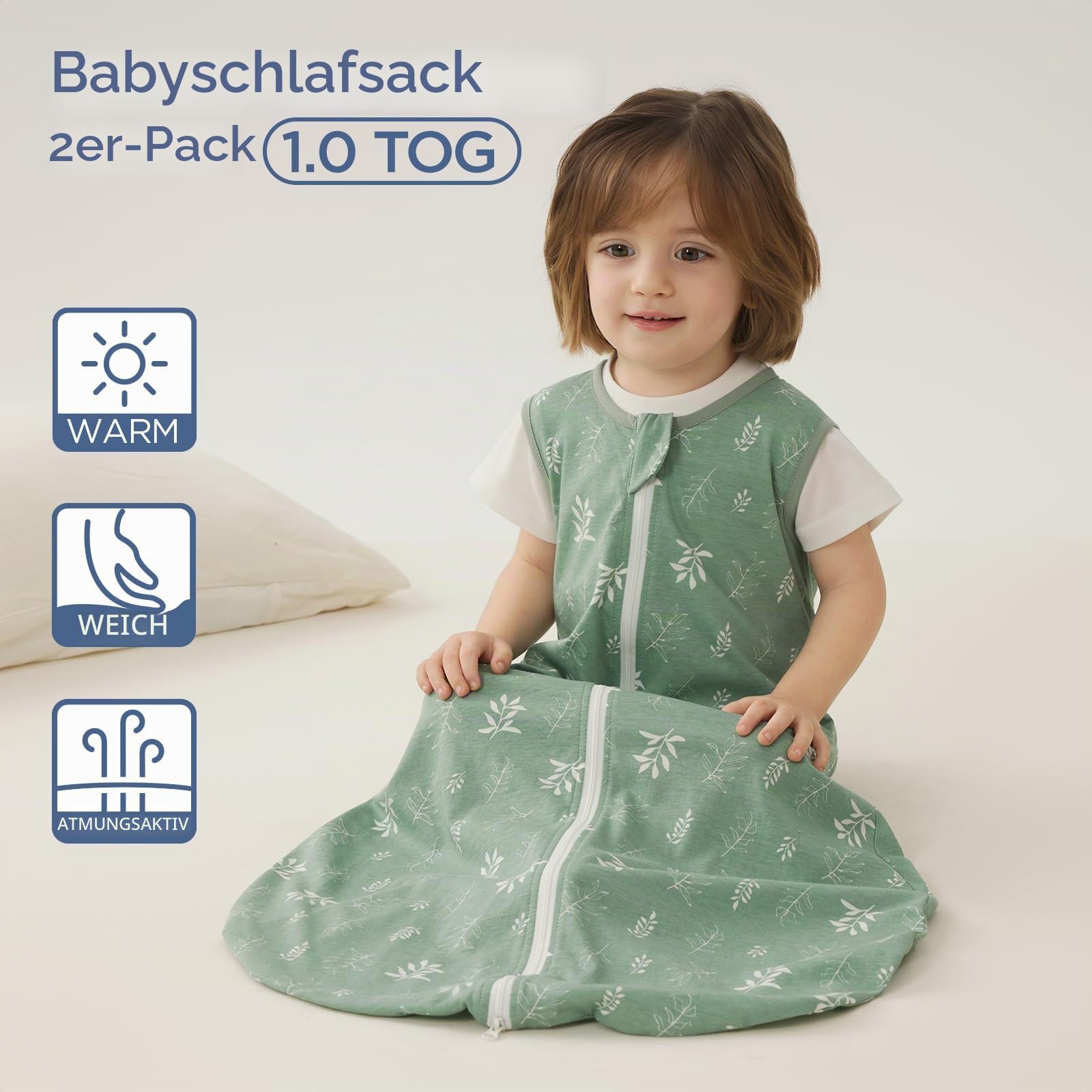 Duomiaomiao Baby Schlafsack Sommer 1.0 Tog-100% Baumwolle 2er Pack Sommerschlafsack Herbst Babyschlafsack 85 cm für Mädchen Jungen Neugeborene 6-18 Monate (Grüne Blätter)