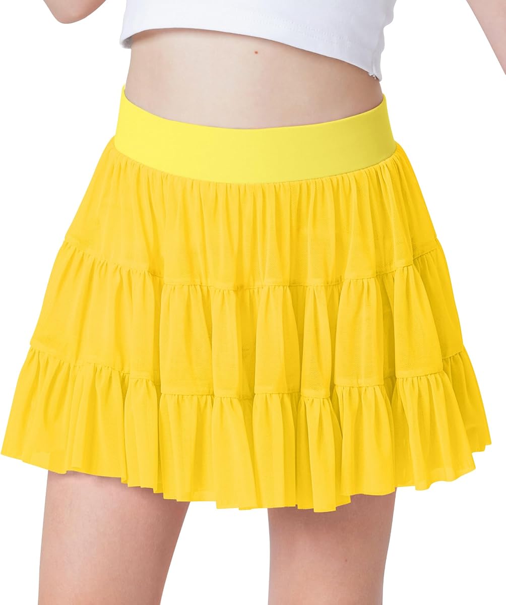 Falda de tenis con volante de malla para niña con pantalón corto | Talla 4-14Y, cintura alta con bolsillo, tela suave transpirable de secado rápido, estilo atlético Y2K Balletcore para animar, ir a la escuela y bailar