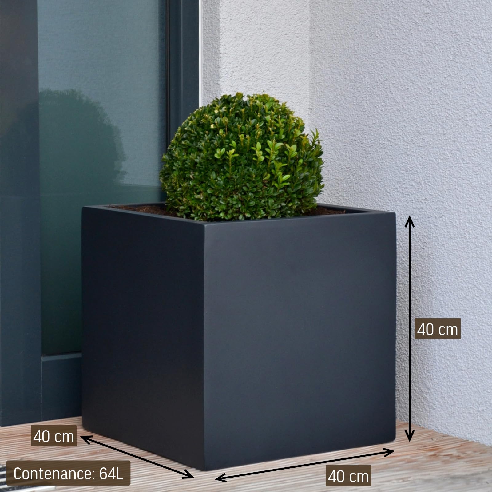 VIVANNO Jardinière en Fibre de Verre 40x40x40 cm Anthracite Mat Carrée Extérieur Intérieur