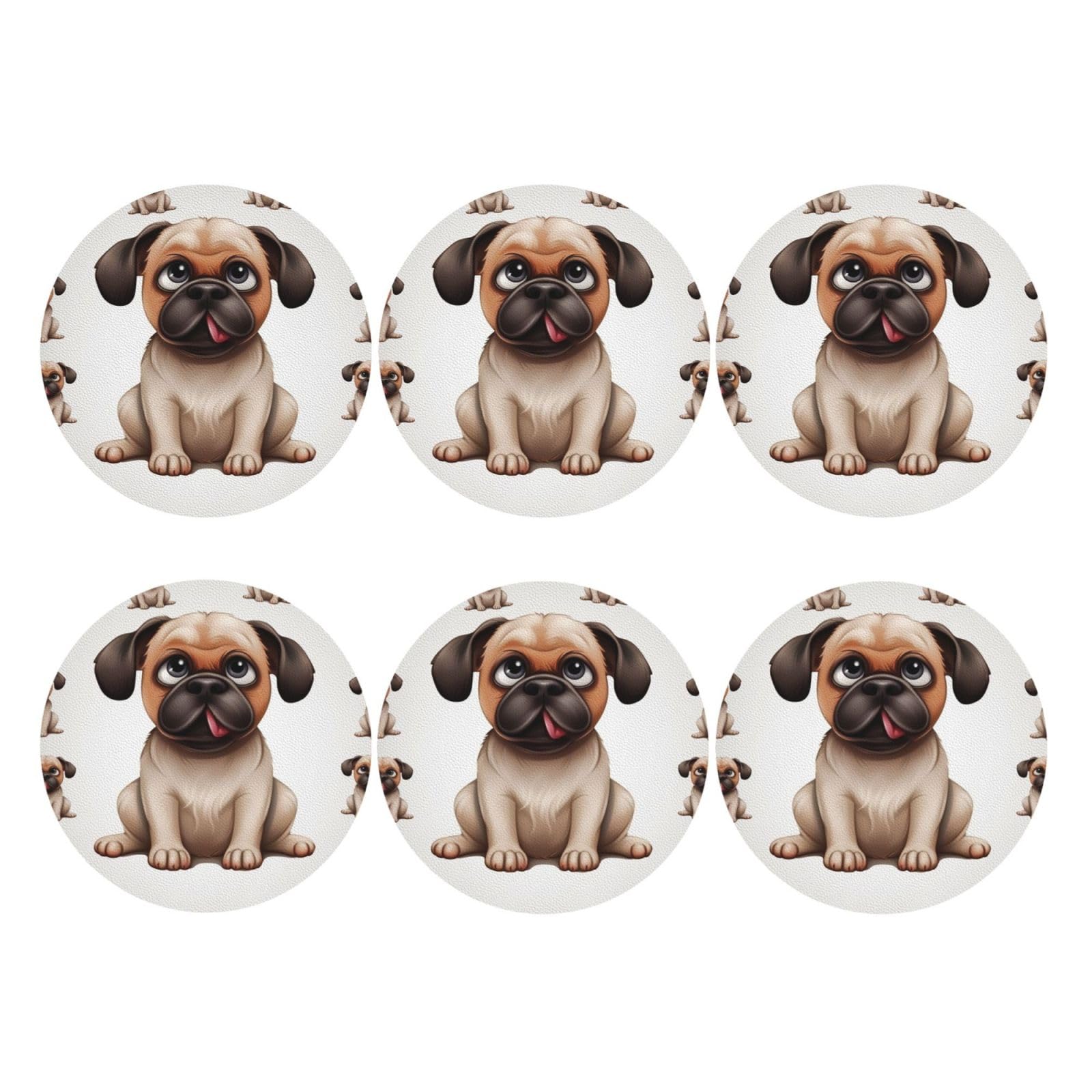6pcs Leather Coasters for Drinks, Cartoon Pug Drink Coasters for Tabletop Protection, 4" Cup Coasters for Coffee Table Decor, Non-Slip Drinking Cup Mat for Hot Or Cold Drink