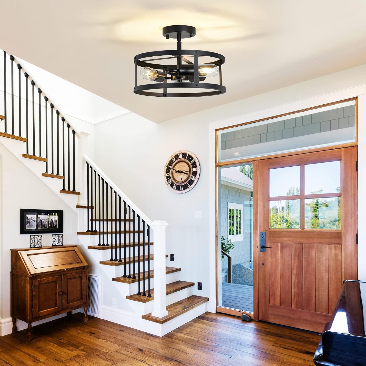 3-Light Semi Flush Mount Ceiling Light, Farmhouse Black Metal Cage Fixture, Industrial Lighting for Kitchen Foyer Hallway Entryway 2 Pack