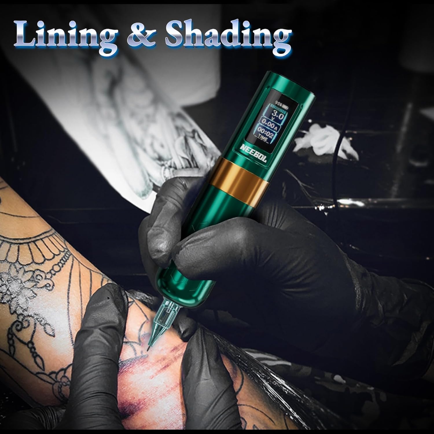 NEEBOL Wireless Tattoo Gun Rotary Tattoo Machine LED Display Screen 8 Hour Battery Life Extra Battery High-end Tattoo Pen Equipment Supply Permanent Tattoo Art Makeup Gift (Black-Extra Battery)