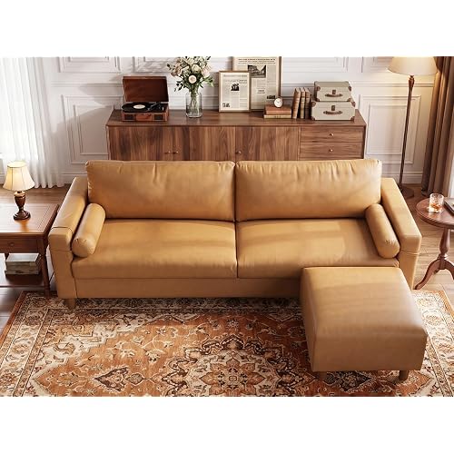 Vesgantti 100" Faux Leather Sofa with Movable Ottoman, L Shaped Wide Seating PU Leather Couch with Side Pocket, Comfy Mid Century Modern Modular Sectional Sofa for Living Room, Apartment, Cognac Tan
