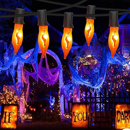 Miniatura 4 de Guirnalda de luces de llama parpadeante de Halloween, luces de llama parpadeante vintage C7 de 10 pies, 10 bombillas de llama naranja, tira de luces