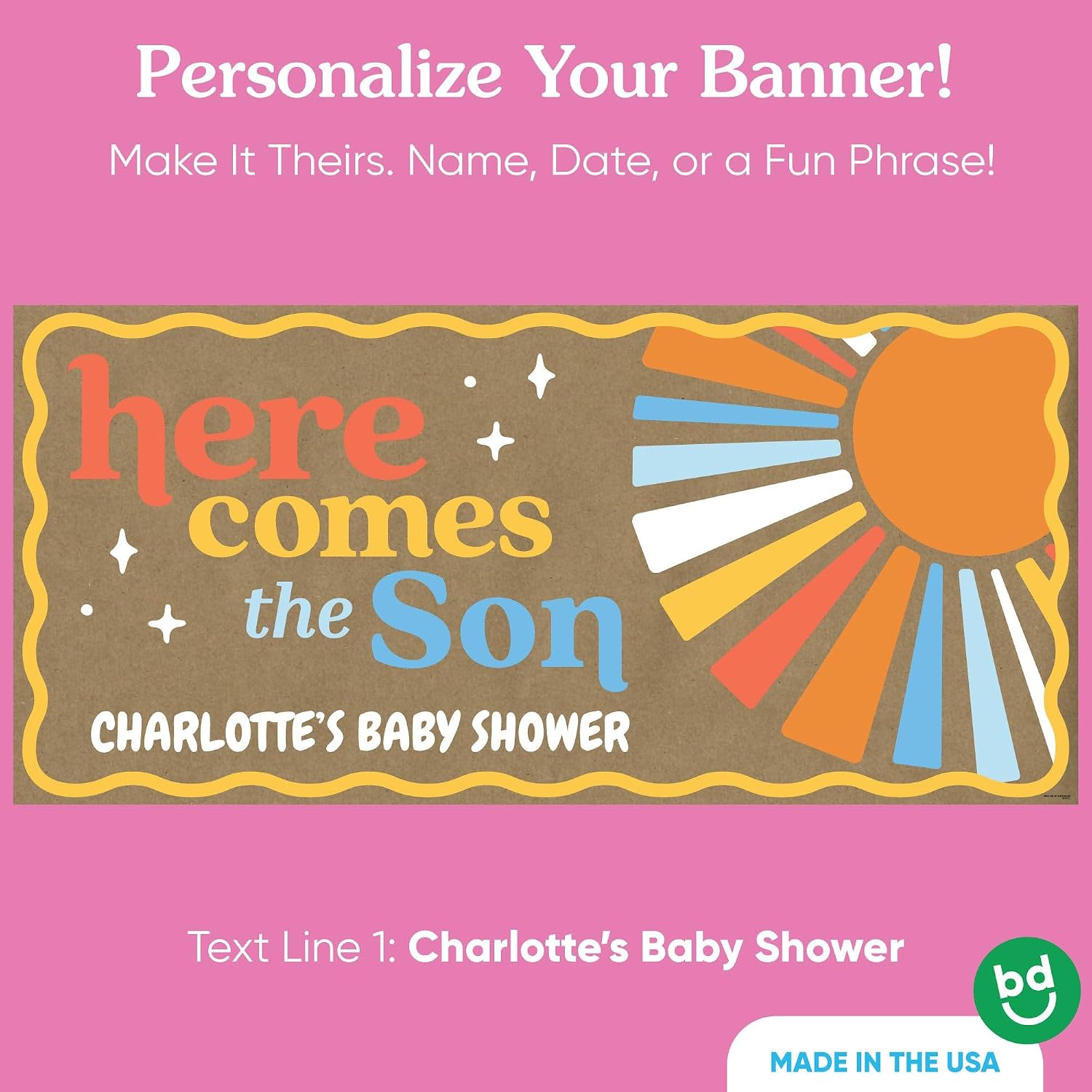 Big Dot of Happiness Personalized Here Comes The Son Kraft Paper Banner, Boy Boho Baby Shower Banner, Custom Text Printed Brown Paper Party Sign Decoration – 1 Count