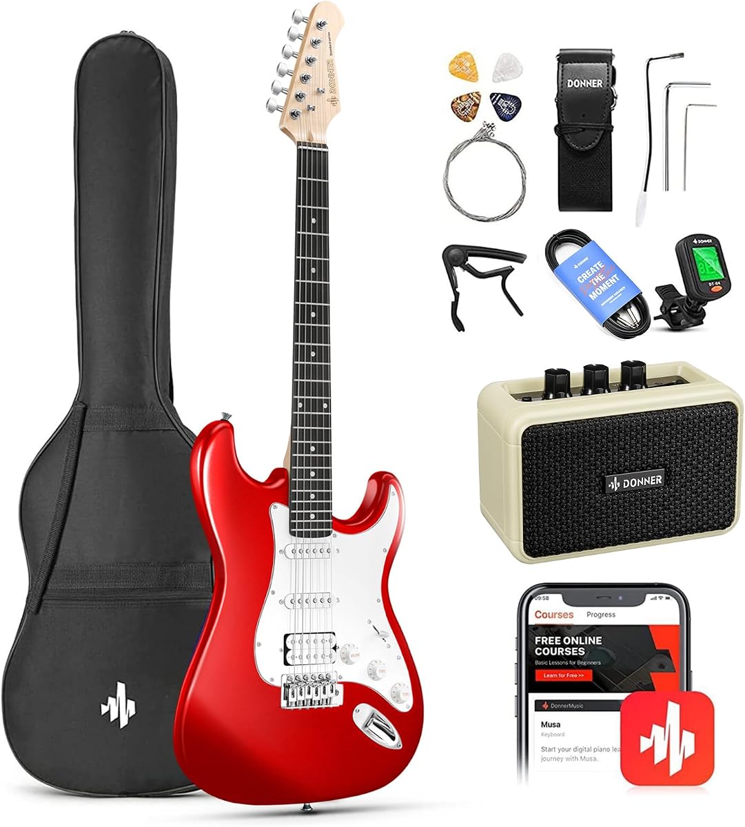 Donner Kit básico de guitarra eléctrica de 39 pulgadas con cuerpo sólido, pastilla HSS, accesorios, amplificador, lecciones y afinador digital - rojo