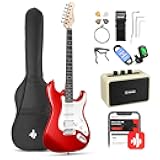 Donner 39-Inch Electric Guitar Starter Kit with Solid Body, HSS Pickup, Accessories, Amplifier, Lessons, and Digital Tuner - Red