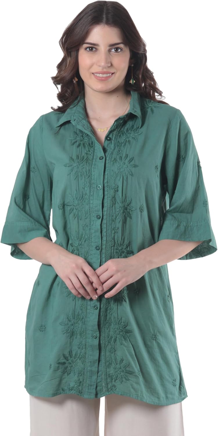 NOVICA Artisan Hand Embroidered Cotton Tunic from India Clothing Top Green Floral 'Festive Jade'