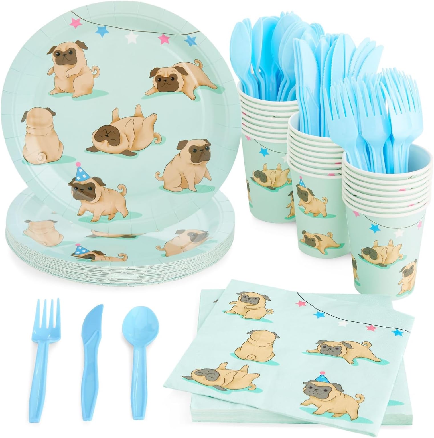 Disposable Dinnerware Set - Serves 24 - Dog Party Supplies for Kids Birthdays, Pugs Design, Includes Plastic Knives, Spoons, Forks, Paper Plates, Napkins, Cups