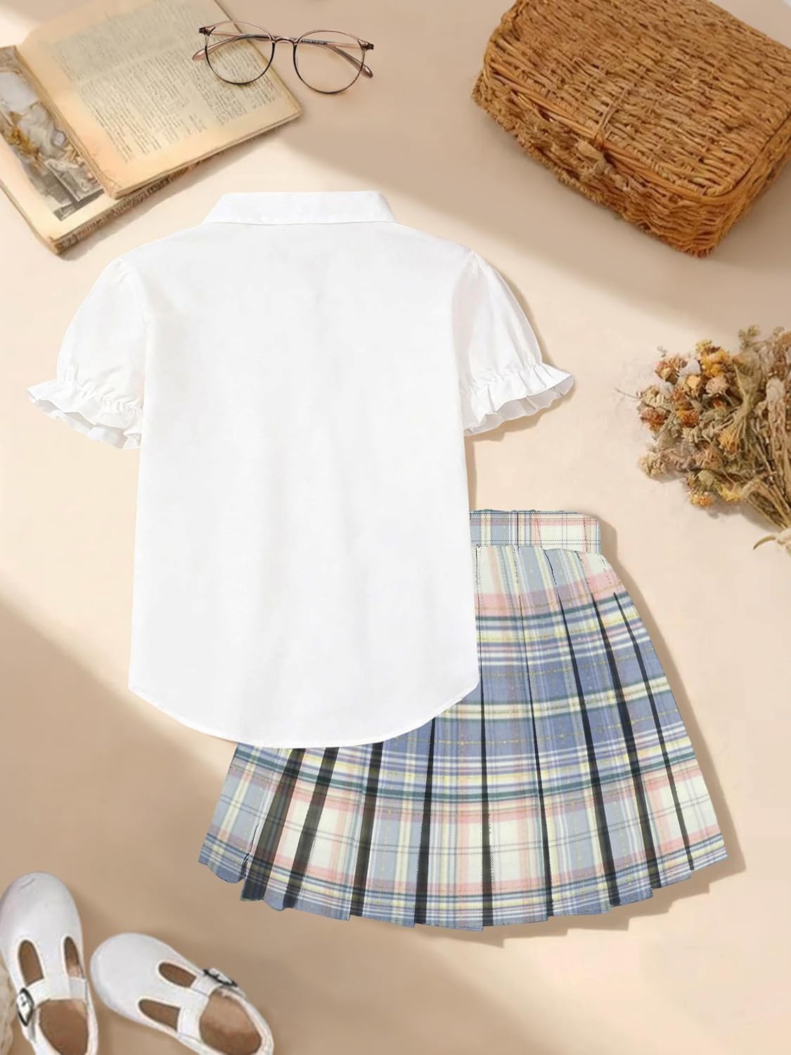 Betusline Girls Skirt Set JK School Uniform 2-Piece Outfit - Short Sleeve Shirt with Bow & Pleated Skirt 4T-14Y - Image 7