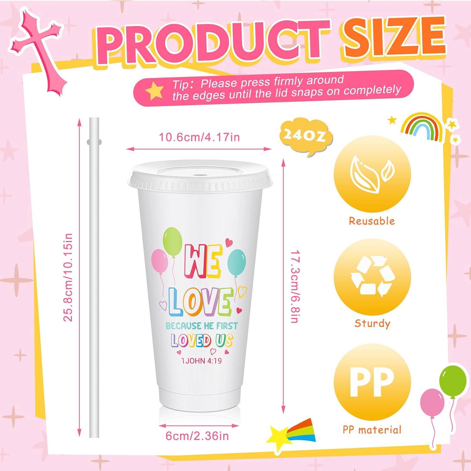 Uiifan 10 Christian Kids Cups with Lids Straws, Back to School, White image 2