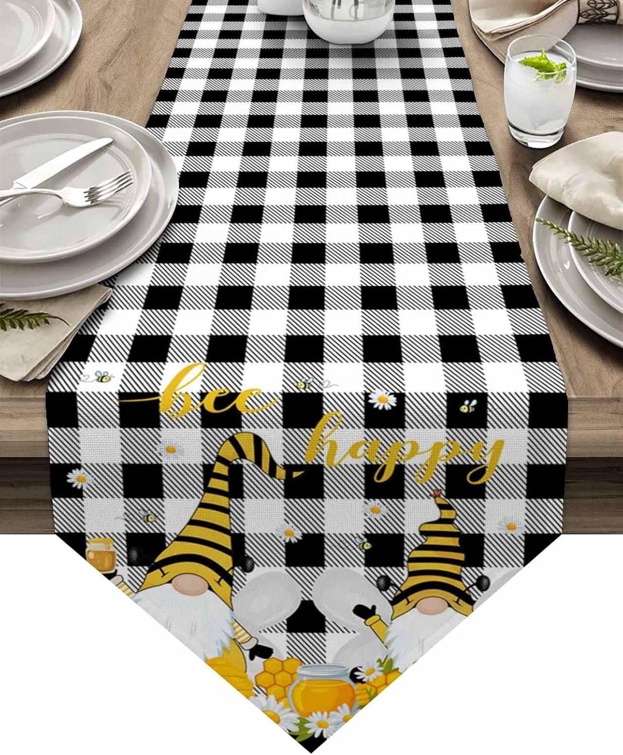 Z&L Home Linen Burlap Table Runner Dresser Scarves, Spring Farm Bee with Gnomes Table Runners for Family Dinner/Holiday Party/Wedding/Events/Kitchen Decor Black White Grid 16x72In