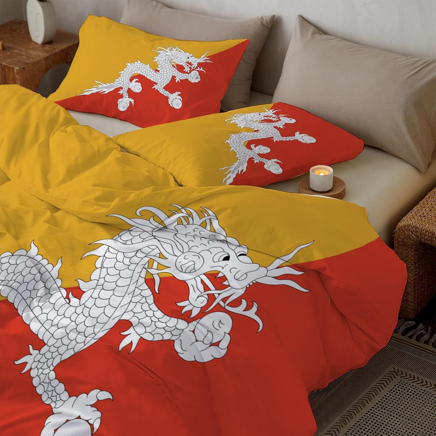 Bhutan Flag Print Duvet Cover Retro Bhutan Flag Texture Bedding Size,Reversible Solid Color Classic Color Printed Plaid Duvet Cover,Includes 1 Duvet Cover
