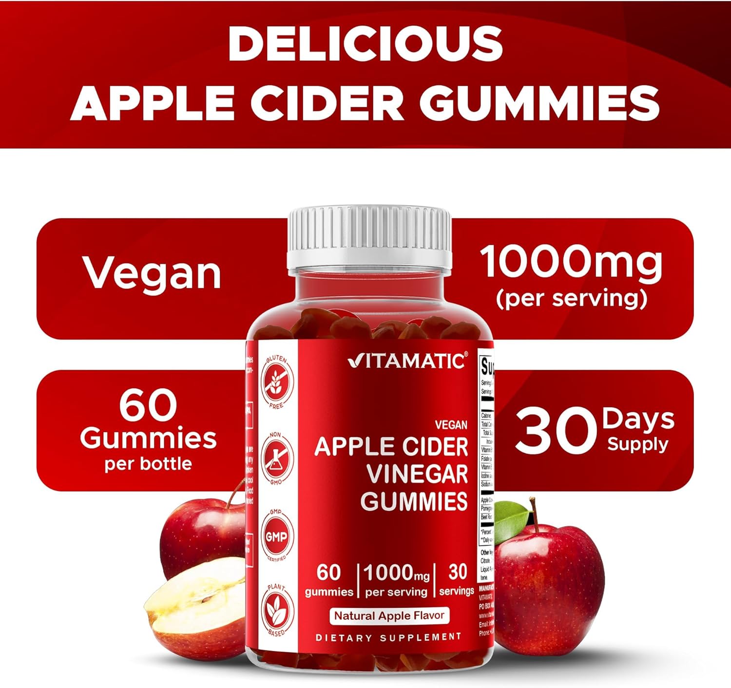Vitamatic Apple Cider Vinegar Gummies - 1000mg per Serving - 60 Vegan Gummies - ACV Gummies for Detox, Weight Loss Support, Energy Boost, Digestion & Gut Health - Image 4