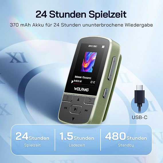 WOLFANG MP3-Player mit Bluetooth 5.2 Sportclip Mini-Größe Gewicht 283 g HiF-FM-Radio Diktiergerät Kopfhörer im Lieferumfang enthaltenMilitärgrün