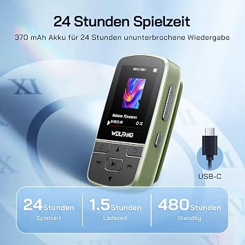 WOLFANG MP3-Player mit Bluetooth 5.2 Sportclip Mini-Größe Gewicht 283 g HiF-FM-Radio Diktiergerät Kopfhörer im Lieferumfang enthaltenMilitärgrün