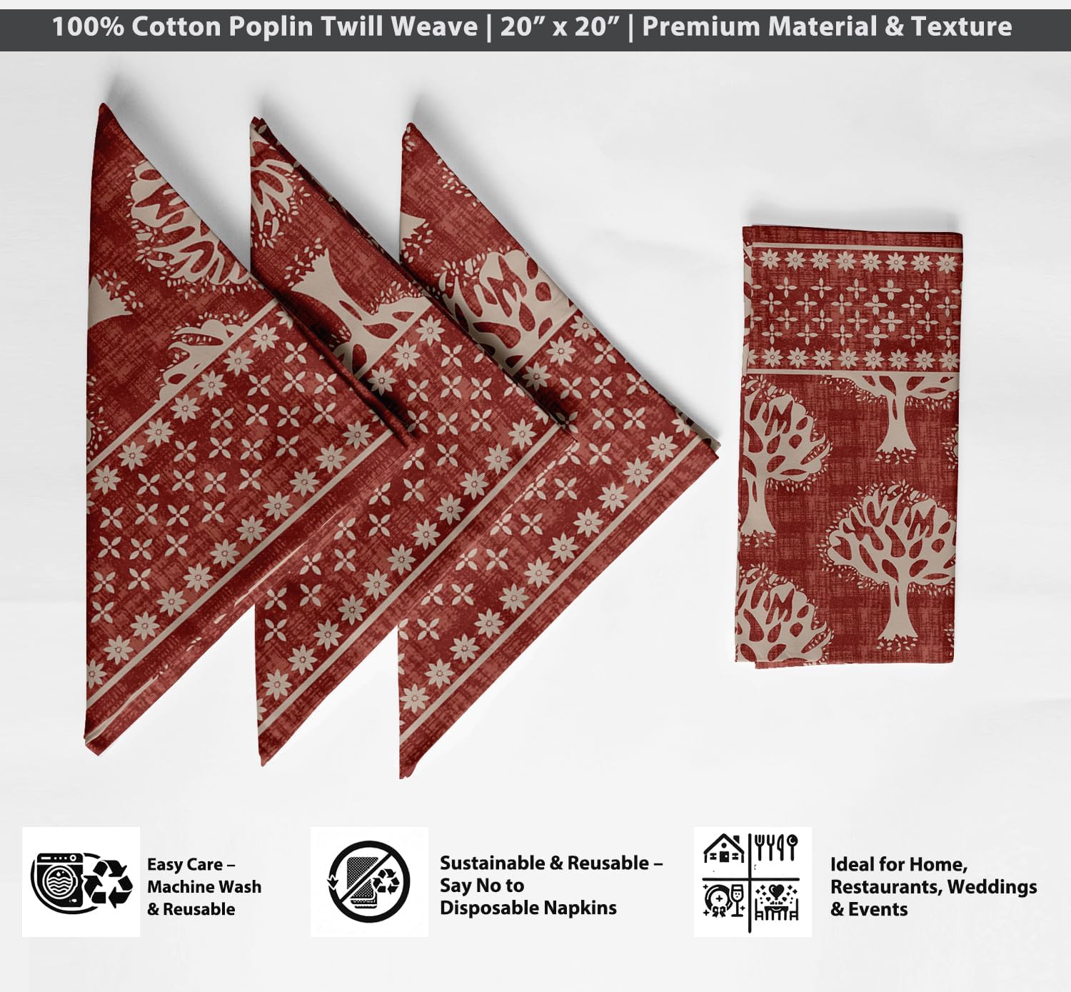 Luxury Cotton Twill Napkins - Set of 12, 20-Inch Tree Pattern, Premium Thick Cloth Napkins for Elegant Dining & Special Occasions - Soft, Absorbent & Machine Washable