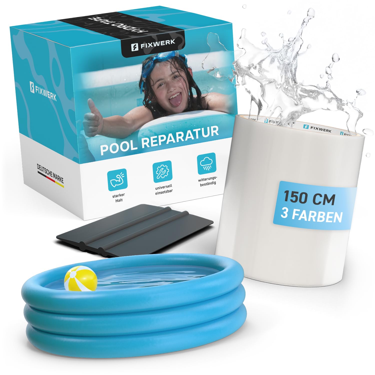 Pool Reparaturset inkl. Rakel | starkes wasserdichtes Unterwasser Klebeband | Flickzeug zum Abdichten von Pools | selbstklebendes Abdichtband für alle Pooloberflächen | 10cm x 150cm (transparent)