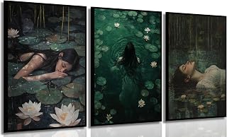 3Pcs Moody Victorian Wall Art Woman in the Lake Posters Prints Floral Ophelia Dark Academia Painting pictures Gothic Woman Wall Decor Artwork for Wall Living Room Bedroom Home Decoration 12x16in