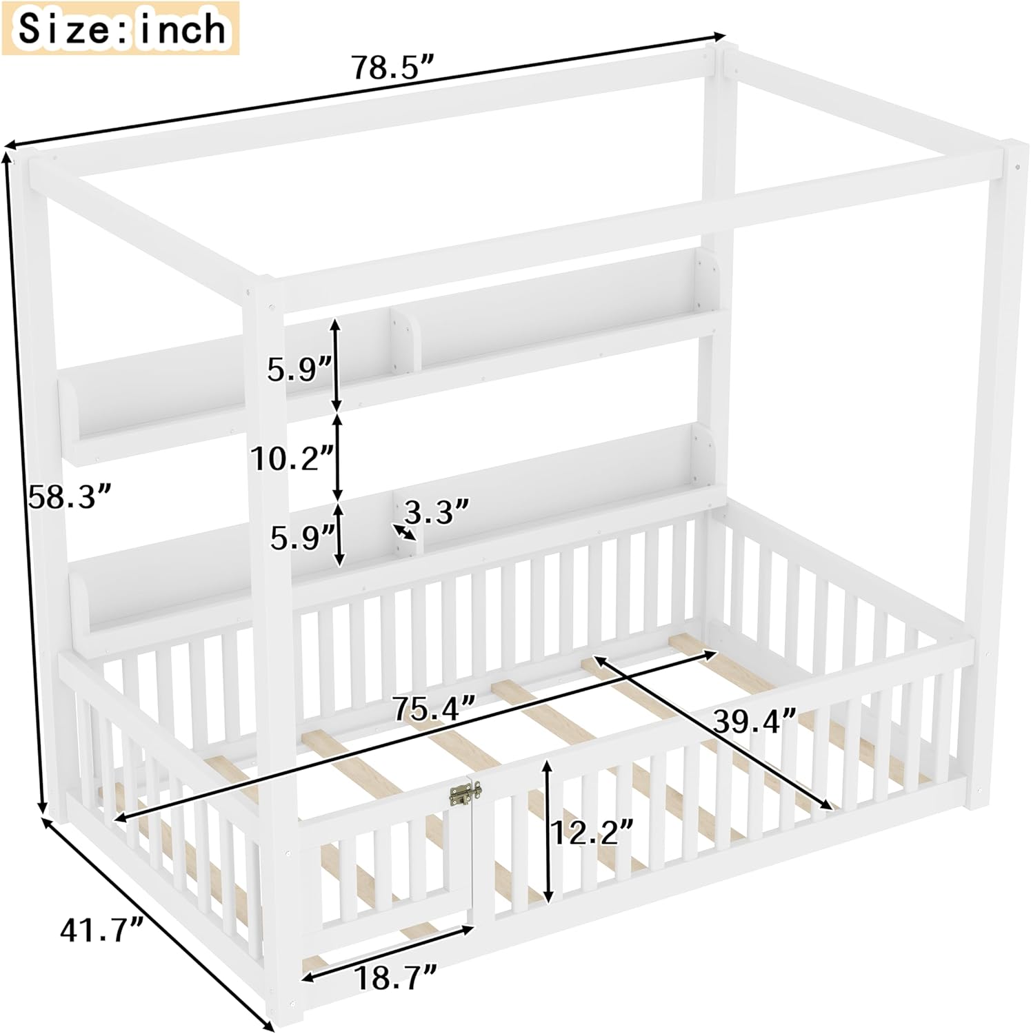 Bellemave Twin Size Montessori Floor Bed with Canopy and Guardrails, Solid Wood Floor Bed with Built-in Shelves, Kids Bed Frame No Box Spring Needed, Light White