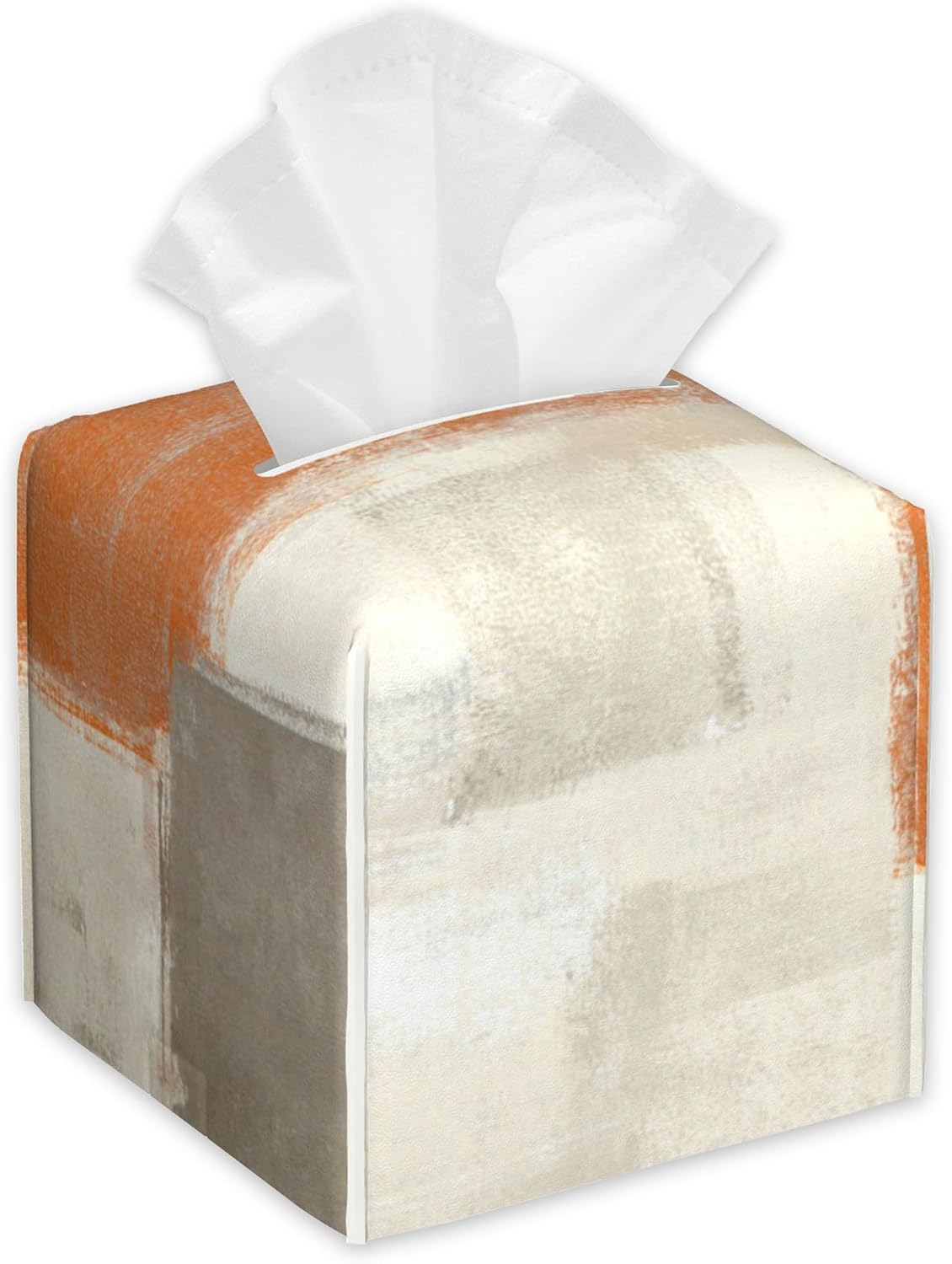 Beige and Orange Abstract Art Tissue Box Cover Square,Tissue Box Holder with Belt Bottom,Stylish Leather Napkin Holder for Vanity Countertop,Nightstands,Office Desk,5.2"×5.2"×5.2"