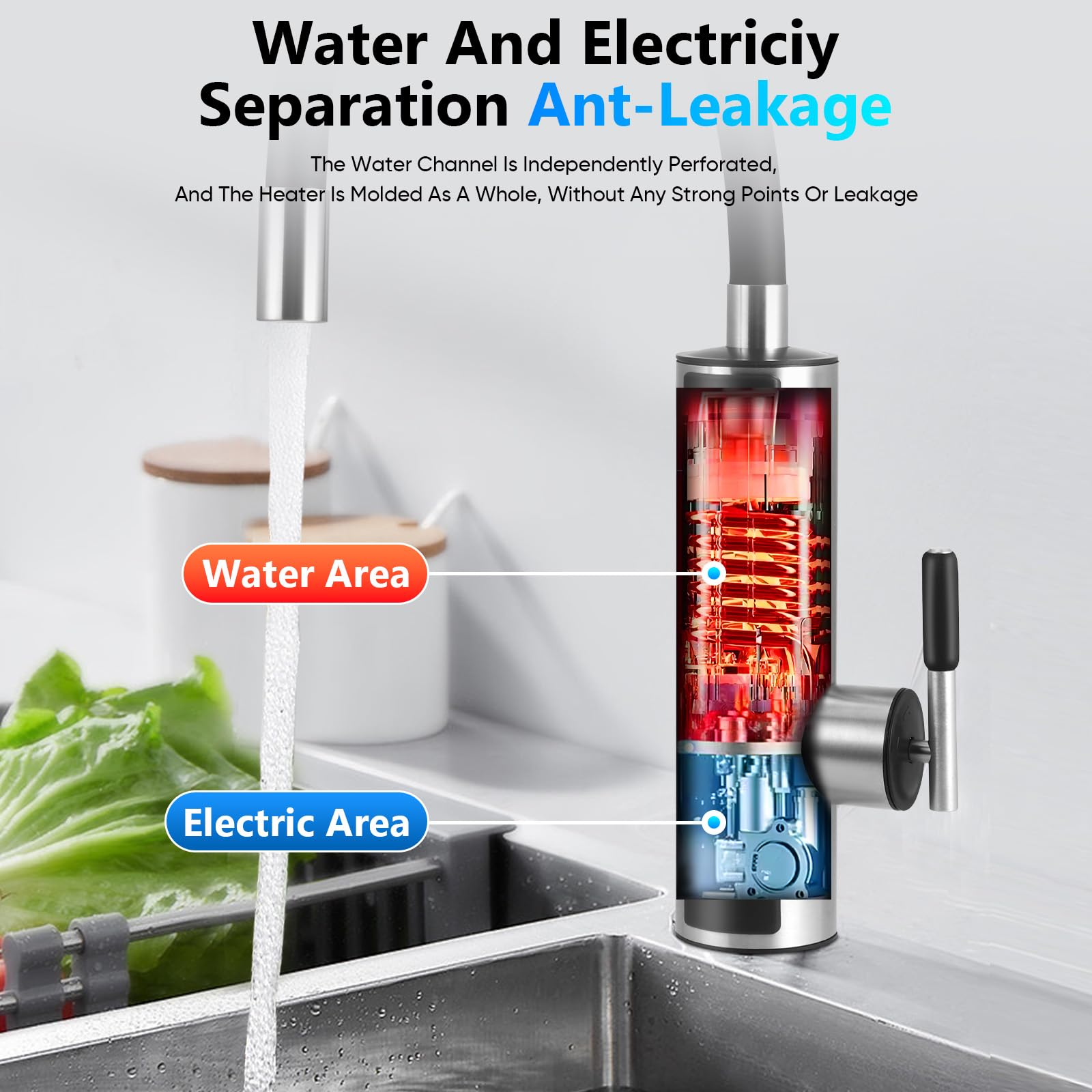 Robinet électrique en acier inoxydable avec chauffe-eau instantané de 3300 W - Avec affichage de la température LED, fonction rotative à 360° et tuyau de raccordement de 40 cm - Noir