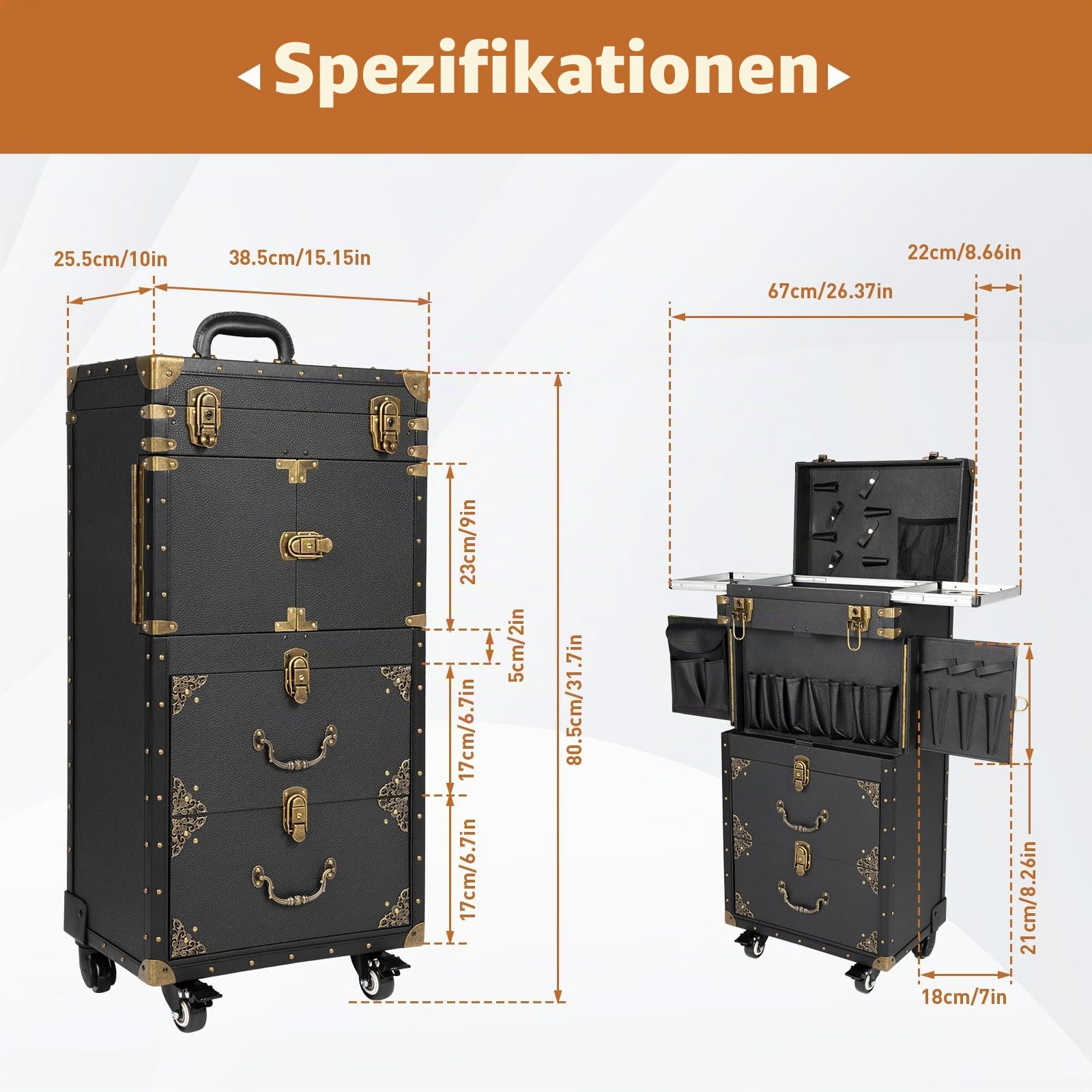 3-in-1 Kosmetikkoffer Trolley, Kosmetik Trolley mit Schublade Kosmetikkoffer Trolley Make up Koffer Schminkkoffer Friseurkoffer, Rollen 360° drehbar, Reisen, Friseure, Geschenkidee, Schwarz