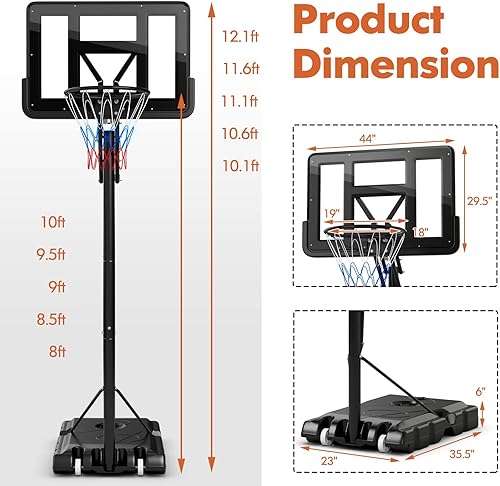 Miniatura 7 de Giantex Aro de baloncesto portátil para exteriores, sistema de soporte de baloncesto ajustable de altura de 8 a 10 pies para adultos con tablero